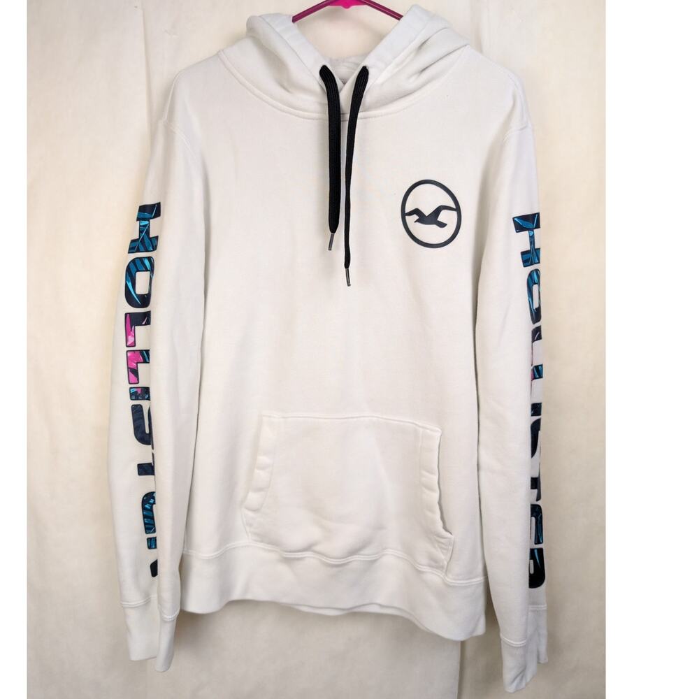 Hollister white tropical logo hoodie Size Medium Surfer Y2K Retro Casual